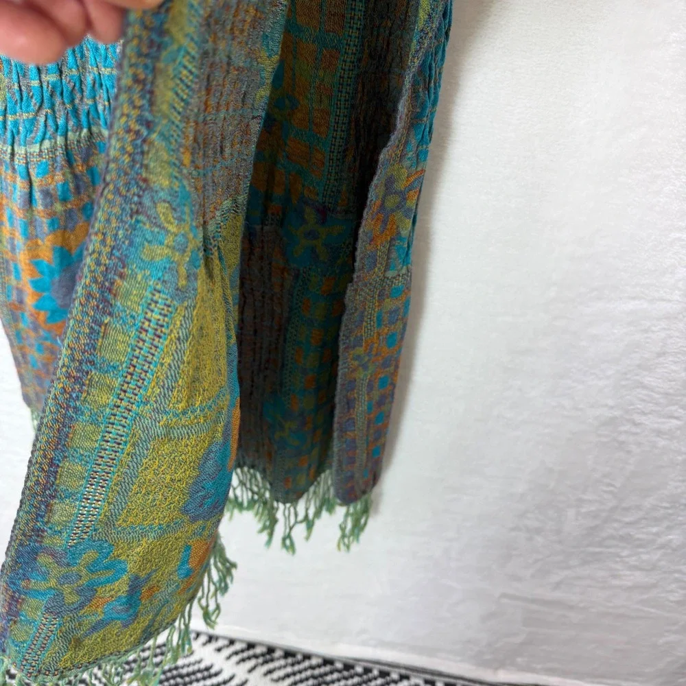 Sudha 100% Wool Scarf Turquoise Orange Green Floral Geometric Fringe Shawl India